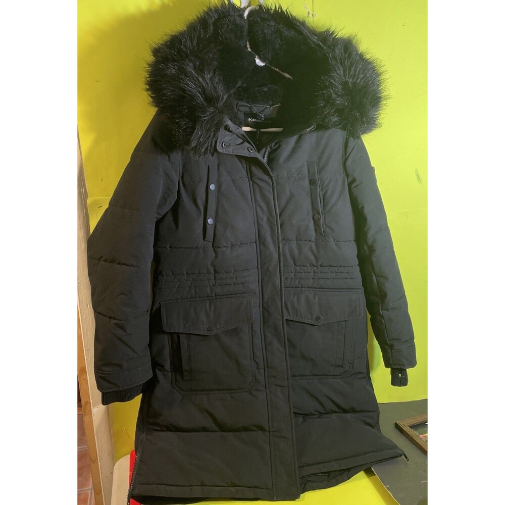 BCBG MAXAZRIA womens Black Puffer Faux Hooded Quilted Puffer Jacket Coat M